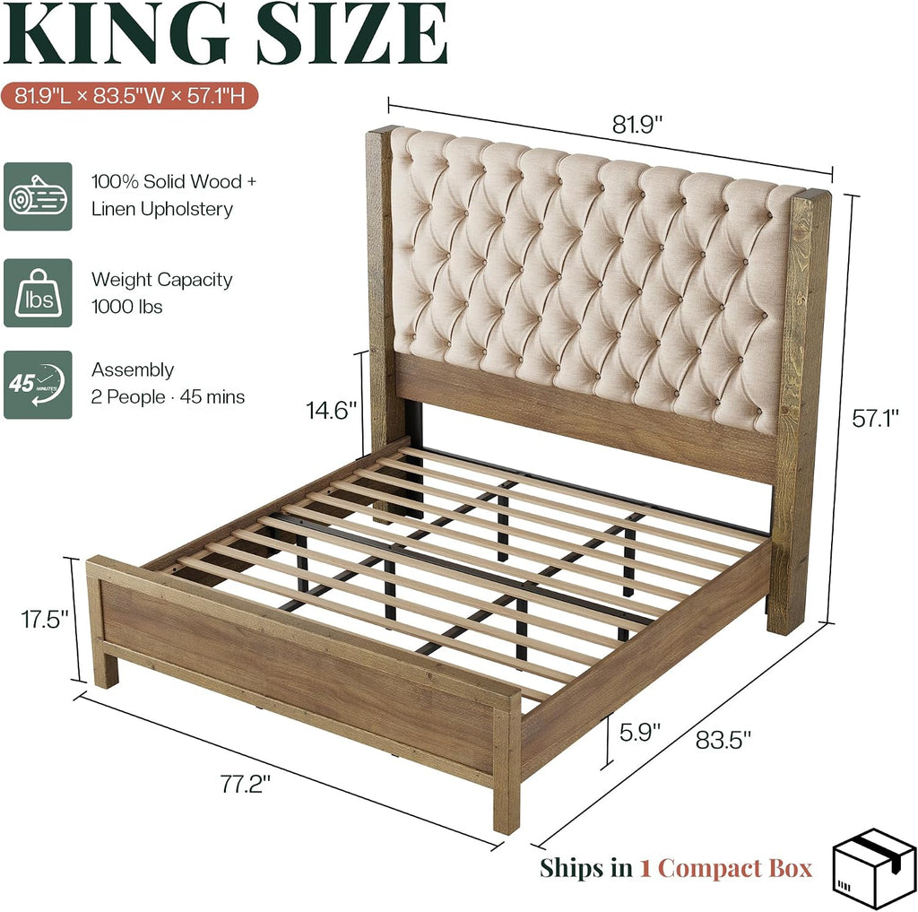 Solid Wood King Bed Frame, 57" Tall Farmhouse Platform Beds, Upholstered Line Wingback Headboard, Deep Button Tufted