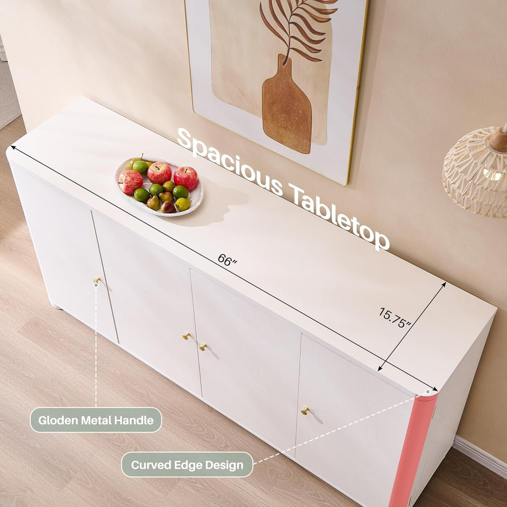 Curved Buffet Cabinet with Doors, 66" Large Sideboard Buffet Storage Cabinet with 4 Doors and Shleves