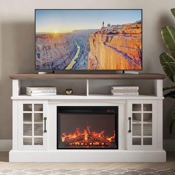 Traditional 58" Rustic TV Stand with 23" Electric Fireplace Heater with Sound, Media Entertainment Center Console Table for TV up to 65" with Open Storage Shelves and Cabinets - White