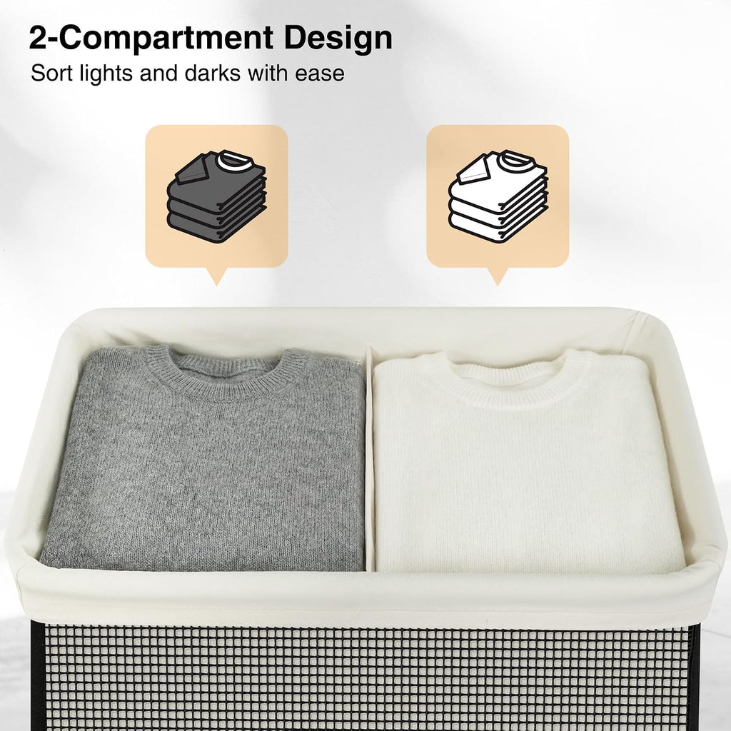 Double Laundry Hamper with Lid, 140L Large 2 Section Laundry Sorter, Laundry Basket with Removable Washable Canvas