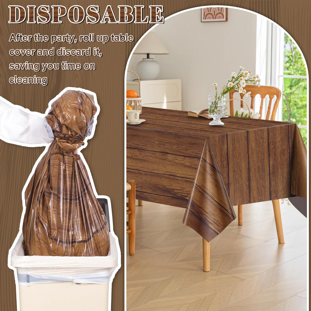 6 Pack Wood Grain Plastic Tablecloths, Rustic Wood Table Covers