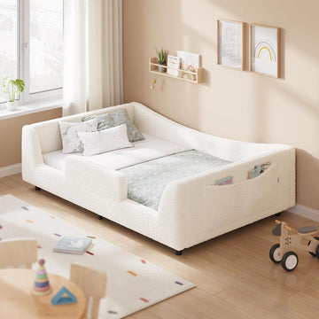Twin Floor Bed, Low Montessori 2-in-1 Beds, Slats, High Rails, Upholstered | 2-in-1 Convertible Bed Frame, Curved