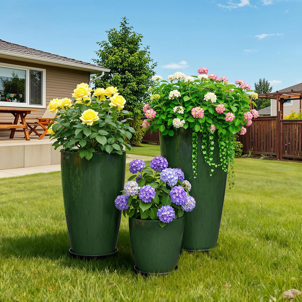 24,21,11 inch Large Planters with Drainage Hole & Saucer, Set of 3 Plant Pots Tall Planter for Indoor & Outdoor