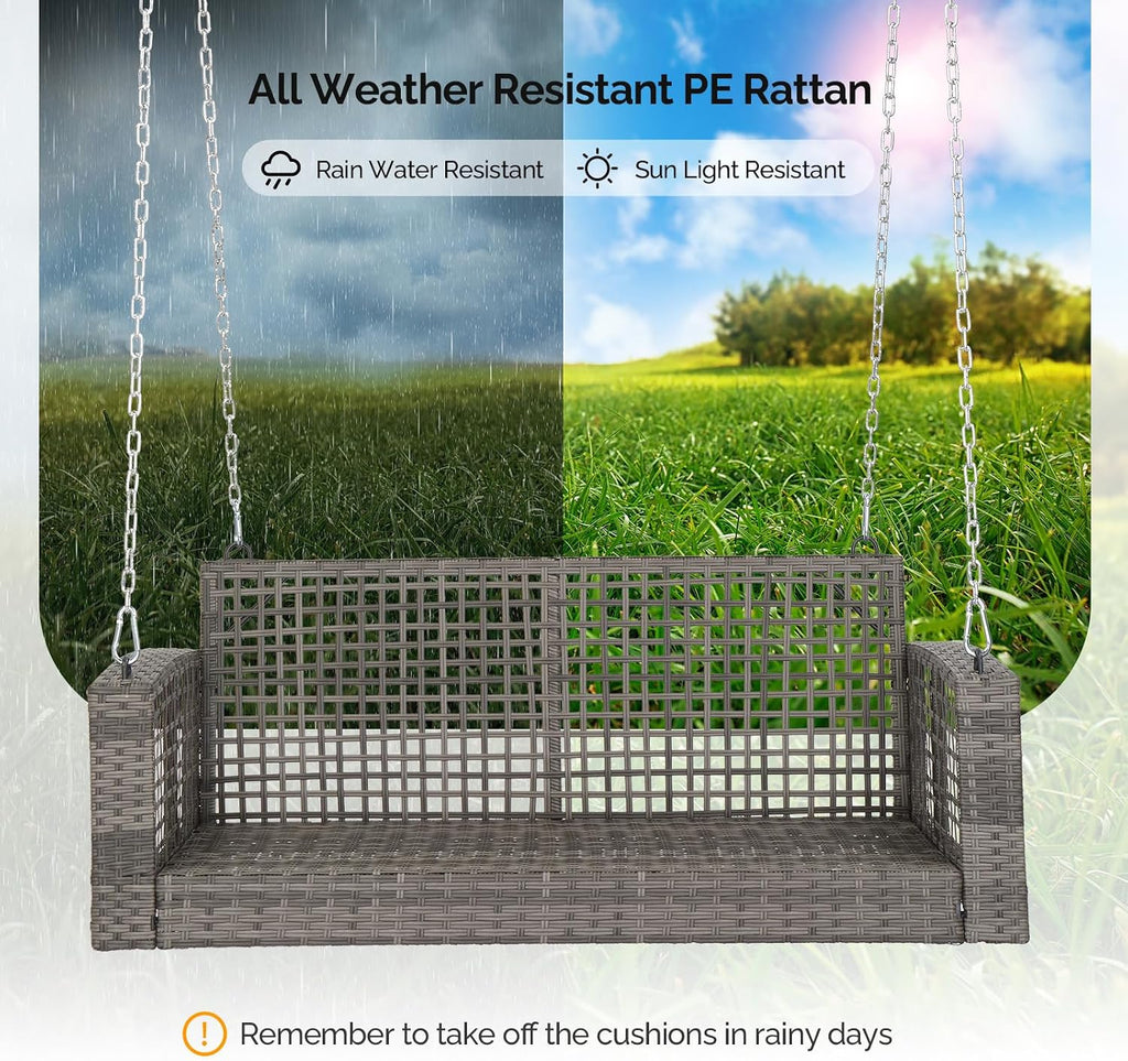4FT Rattan Swing Bench, Outdoor Wicker Hanging Porch Swing (Grey) | 2 Person Patio Bench Swings, Adult Swing for