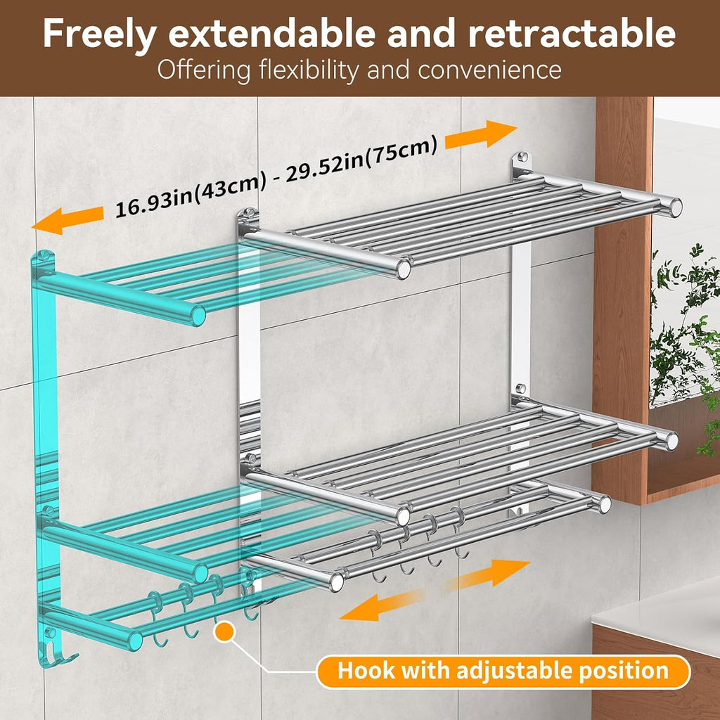 Bathroom Towel Rack with Shelf and Towel Bar, 2-Tier Expandable (16.9 to 28 Inches) SUS304 Stainless Steel, Wall