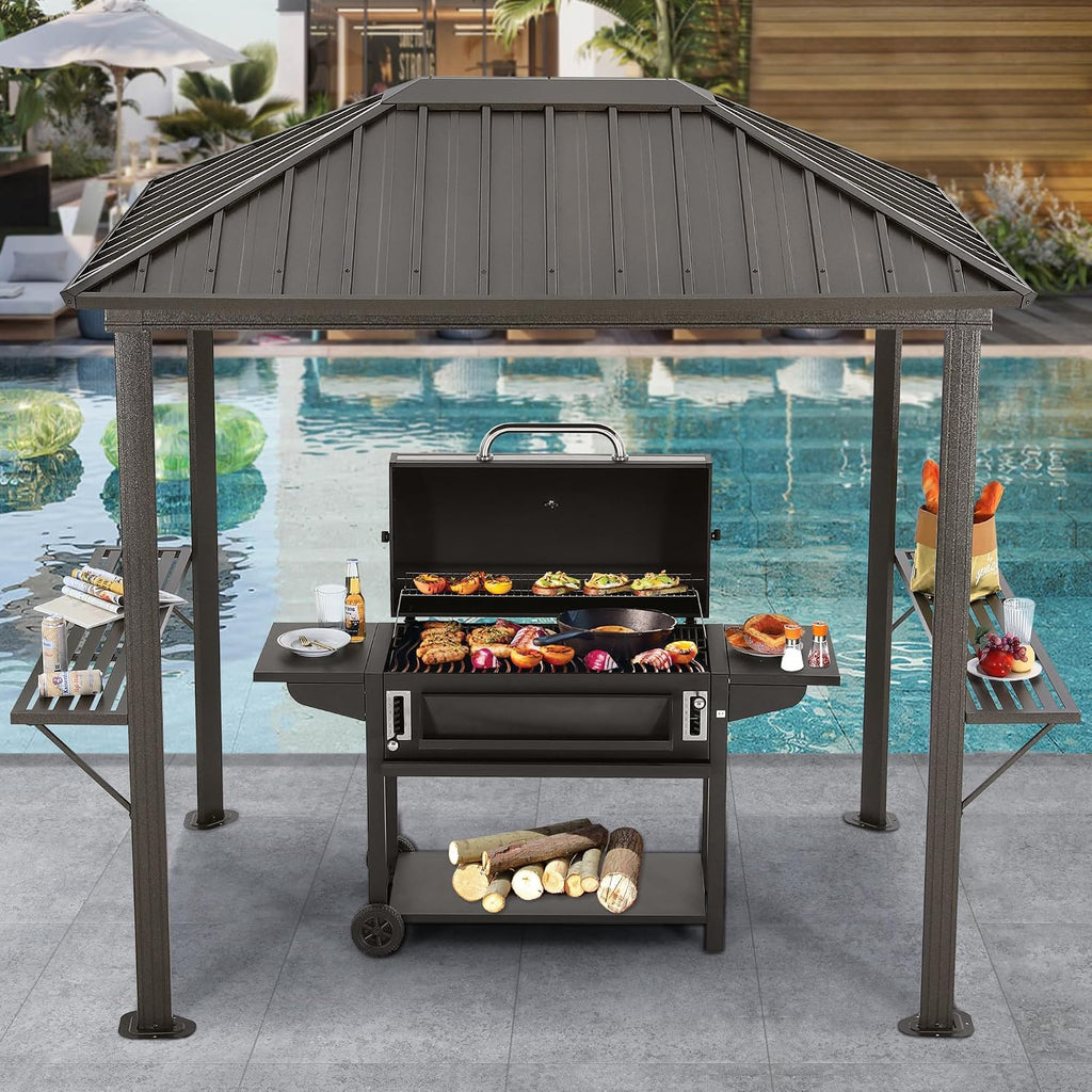 6x8 Grill Hardtop Gazebo - Outdoor Permanent Barbecue Gazebo with Galvanized Steel Roof