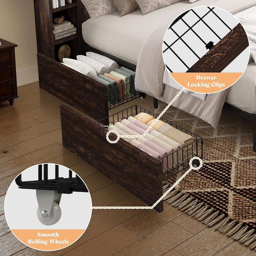 45'' Farmhouse Queen Bed Frame with 4 Drawers, LED Bed Frame with Bookcase Headboard & Side Shelves, Wood Platform