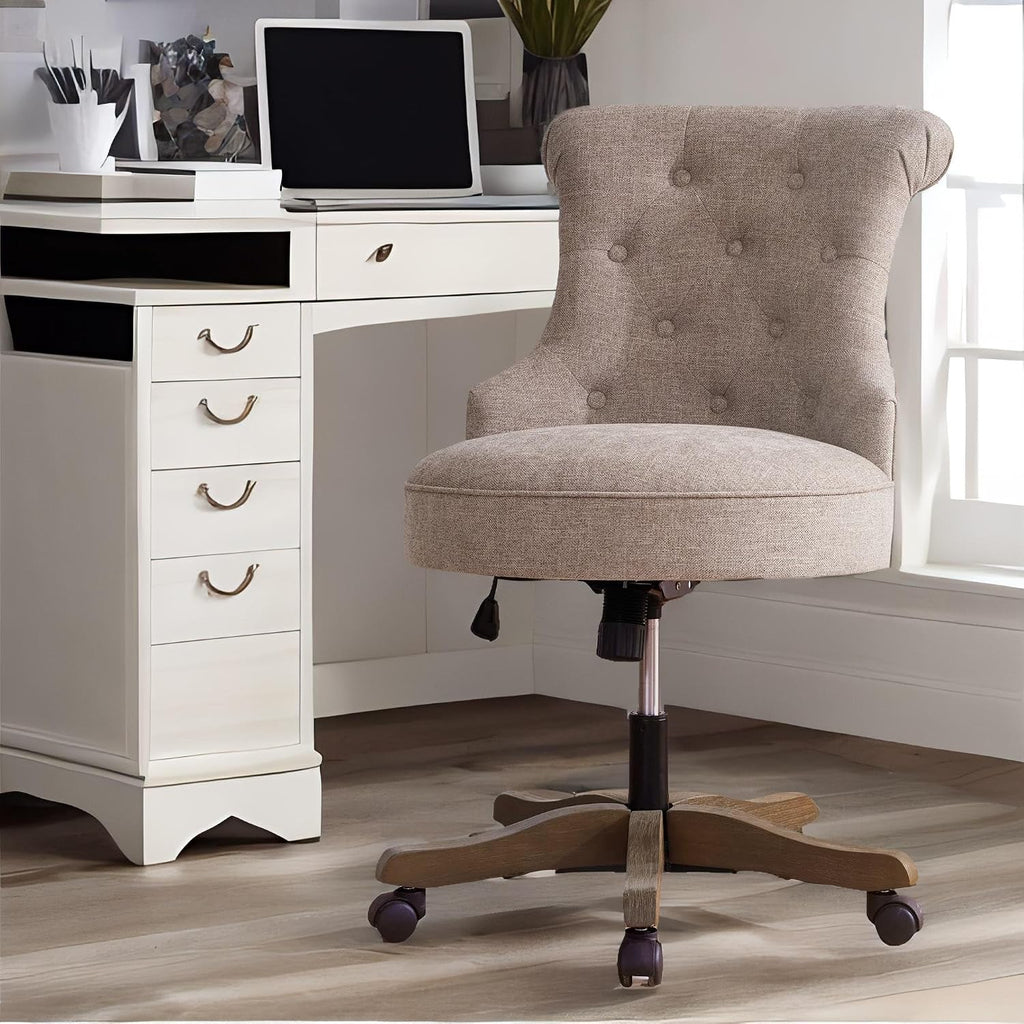 Home Upholstered Armless Linen Fabric Desk Chair with Wheels Adjustable Height Computer Desk Chair with Wooden Legs
