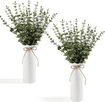 19" Fake Plants with Vase,40 Faux Eucalyptus Stems 2 White Ceramic Vases Realistic Artificial Plants indoor