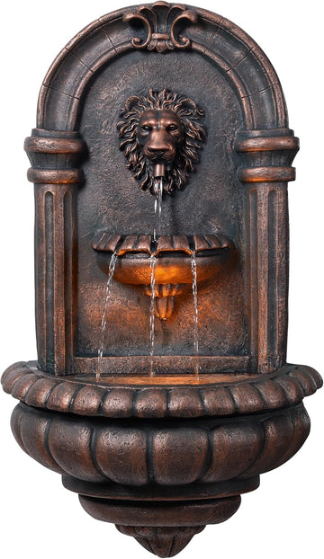 32.1 in. Wall-Mounted Lion Head Stone LED Outdoor Water Fountain for Gardens, Landscaping, Patios, Balconies