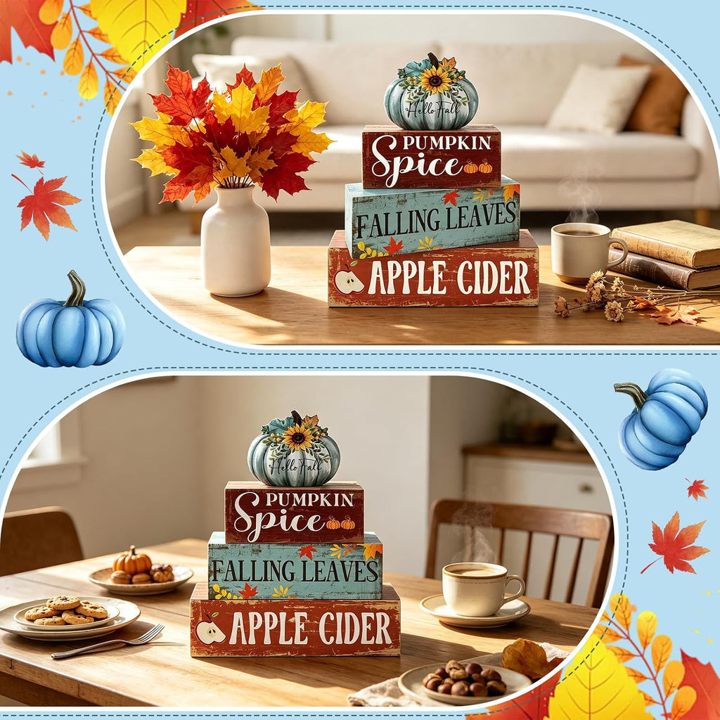 Fall Blue Pumpkin Wooden Block Signs Wooden Blue Pumpkin Decor - Set of 4