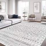 8x10 Washable Moroccan Area Rug, Non-Slip Low Pile Soft Carpet for Dining Room Bedroom Grey