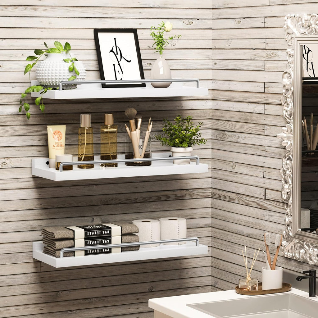 Floating Shelves for Wall Decor, White and Grey Shelves , Picture Frames, Plants, Kitchen (Set of 3)
