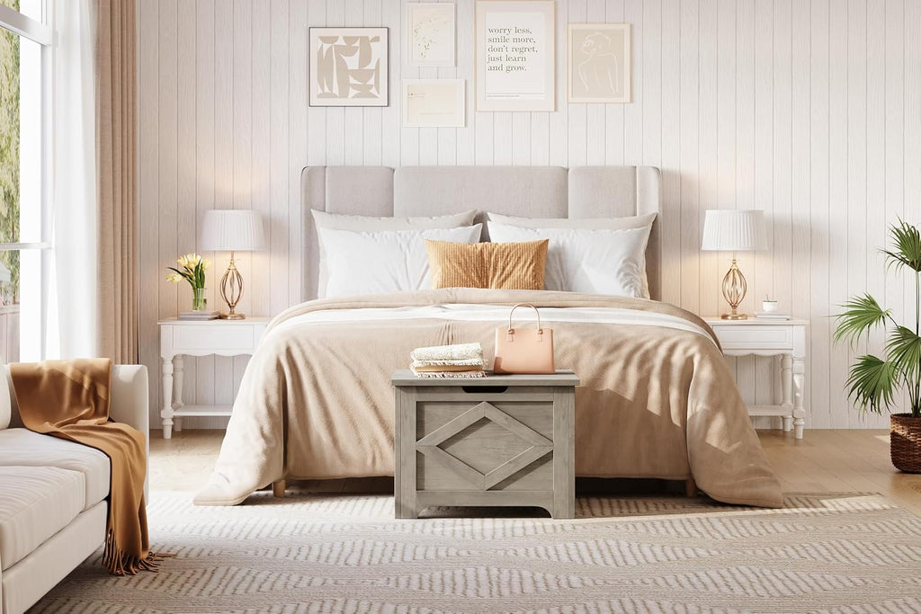 Wooden Storage Chest, Farmhouse Style Storage Bench with Safety Hinges, Wooden Trunk Toy Chest , 300 Lb Capacity