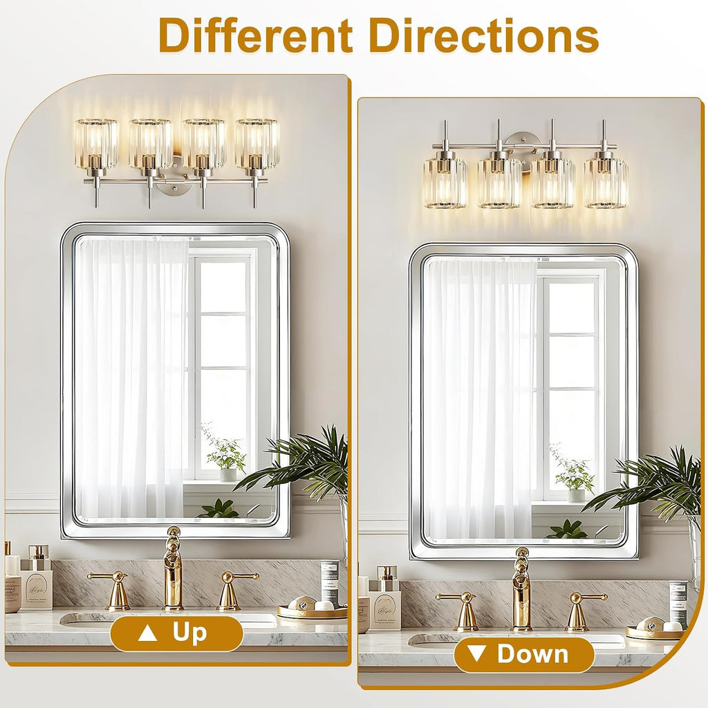 Crystal Bathroom Vanity Lights, 4 Light Bath Mirror Light Brushed Nickel Round Crystal Wall Mount Light Fixture Over