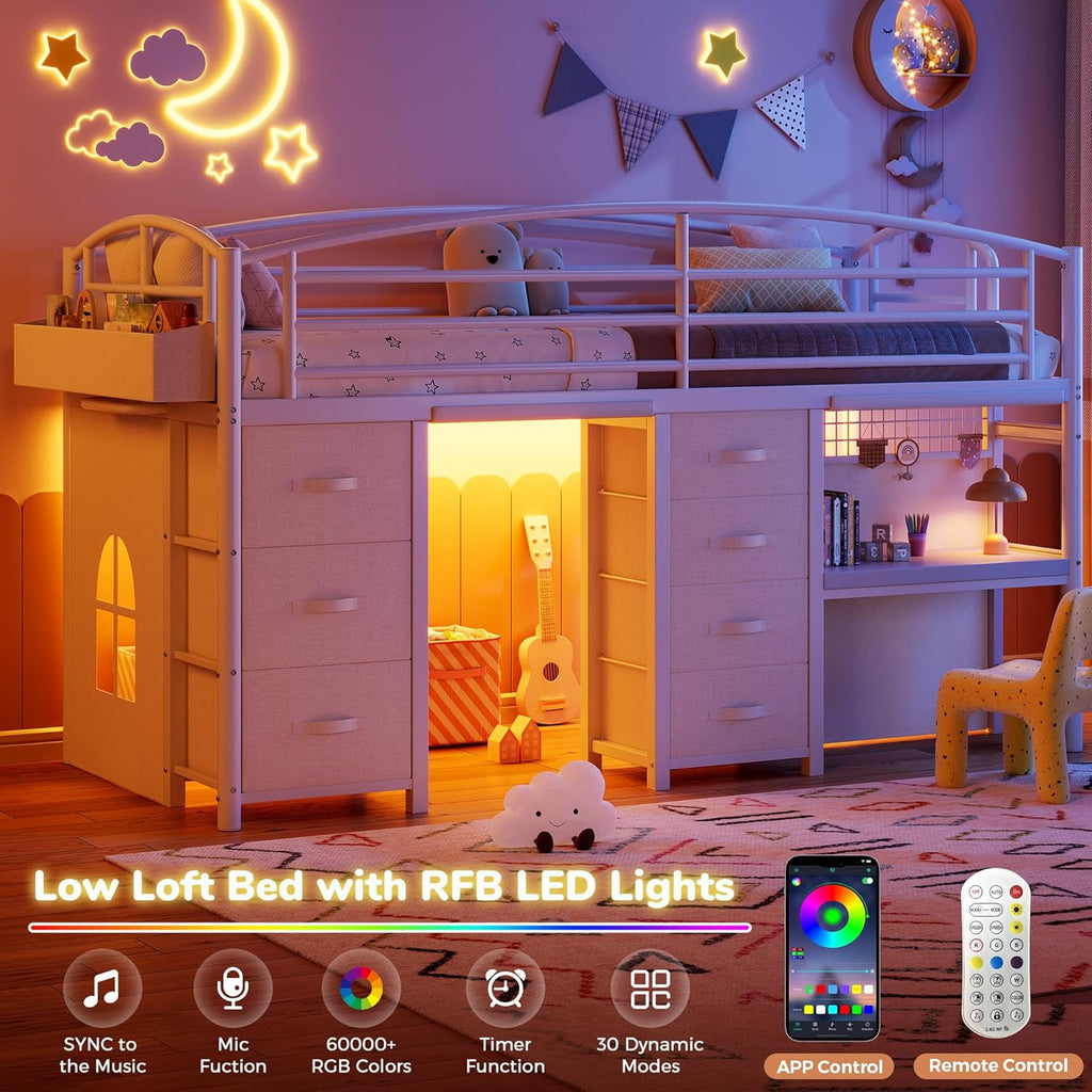 Low Loft Bed Twin with 7 Storage Drawers, Desk and LED Lights