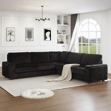 Black Sectional Couches for Living Room, Oversized Corduroy Couch, Sectional Corner Sofa with Cup Holders & USB