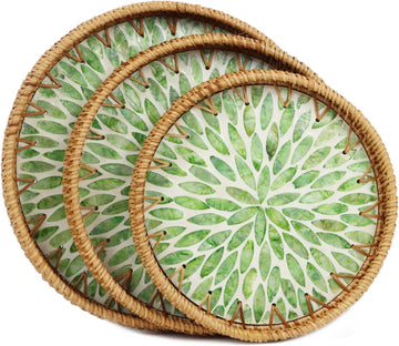 Set of 3 Rattan Tray with Mother of Pearl Inlay, Round Serving Trays for Coffee Table, Decorative Wicker Woven