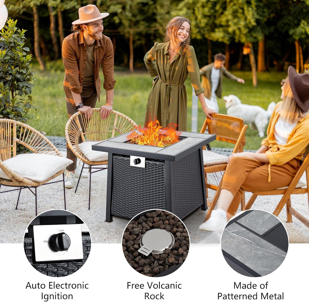 28 Inch Propane Fire Pit Table, 50000BTU Rectangle Fire Table with Cover, Sturdy Steel and Iron Fence Surface, CSA