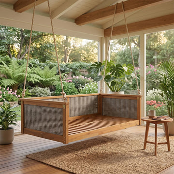 Twin Size Porch Swing Bed, Acacia Wood & Handwoven Rattan Hanging Swing Daybed with Hemp Ropes, 400 lbs Capacity