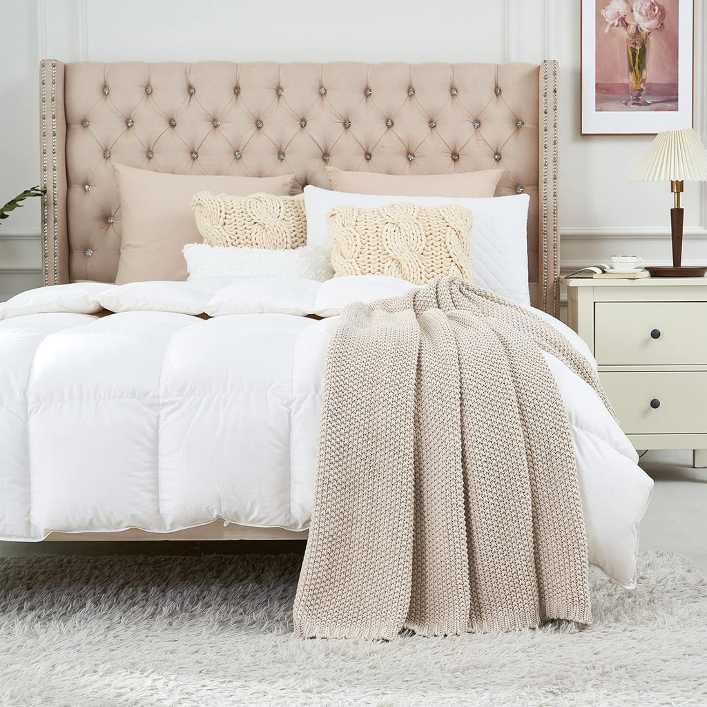 Chunky Cable Knit Throw Blanket Lightweight Beige 100% Organic Cotton Blanket, Rustic Shabby Chic Modern Farmhouse