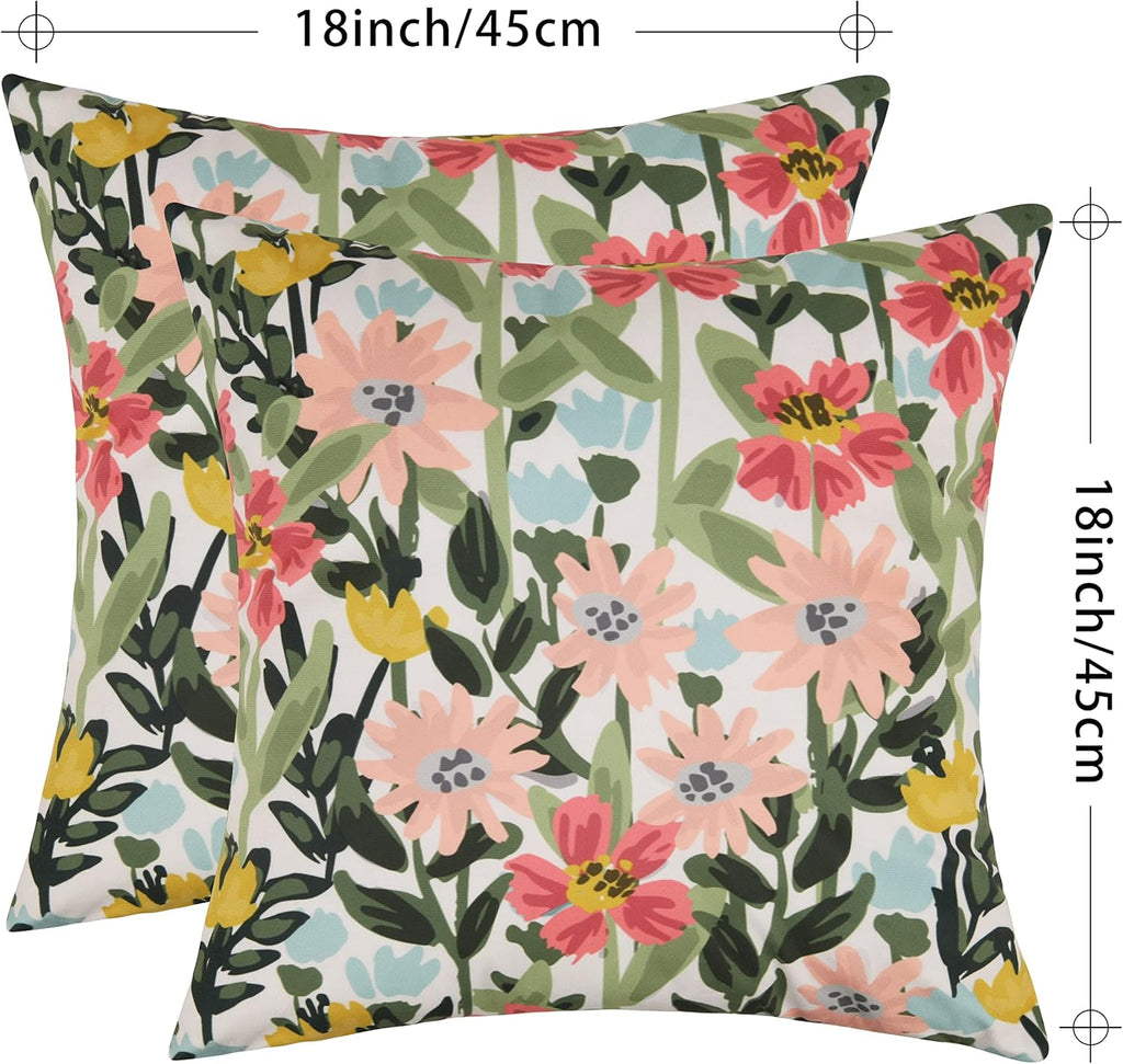 Outdoor Pillows Covers Pack of 2 Spring Summer Floral Waterproof Throw Pillow Covers 18X18 inch Outdoor Pillows