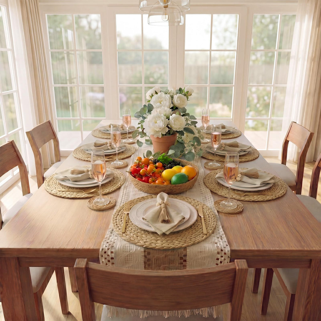 6 Set Boho Table Placemats, Natural Cotton Burlap Woven Mats with Tassels & Bead Napkin Rings, Farmhouse Macrame