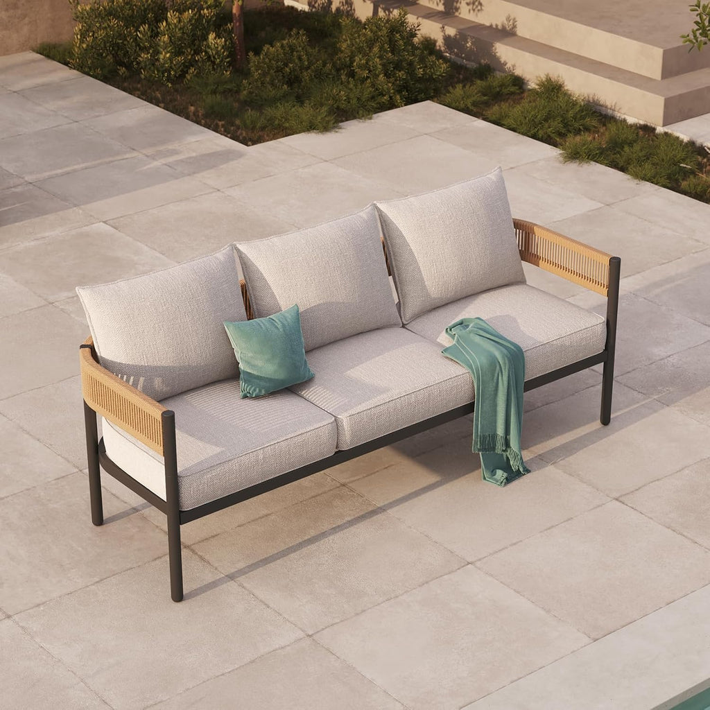 Gand Patio Outdoor 3-Seat Couch Sofa, Wicker Conversation Set with Thick Cushion for Porch, Garden, Yard, Natural