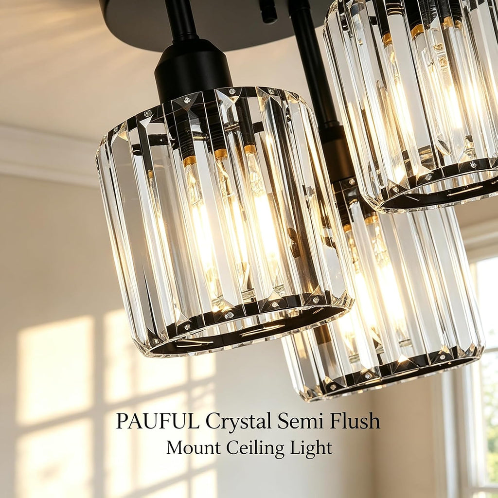 Crystal Semi Flush Mount Ceiling Light,3-Light Modern Close to Ceiling Light Fixtures,Black Kitchen Light Fixtures