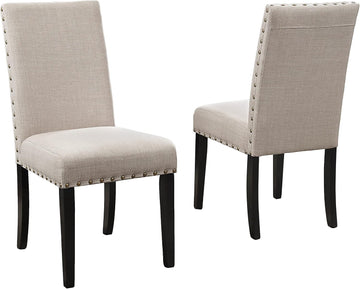 Fabric Dining Chairs with Nailhead Trim, Set of 2, Tan