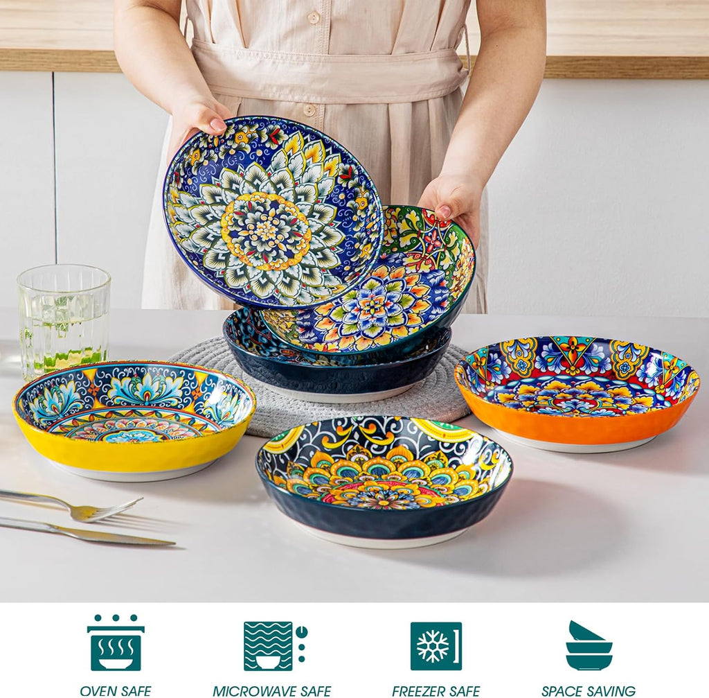 32 Oz Pasta Bowls Set of 6, Ceramic Bohemian Soup Salad Bowls | Dishwasher and Microwave Safe Ceramic, Large 11.5