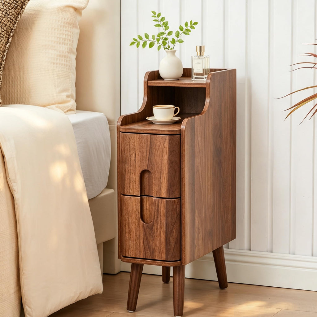 Narrow Nightstand, Wooden 2 Drawer, Walnut