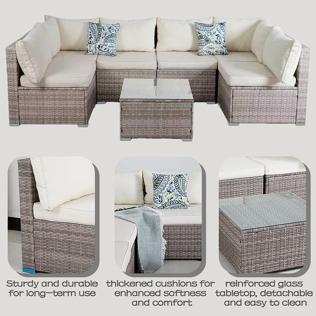 7 Piece Patio Furniture Sets, Rattan Conversation Sectional Set with Glass Table Outdoor Patio Sofa with Thick