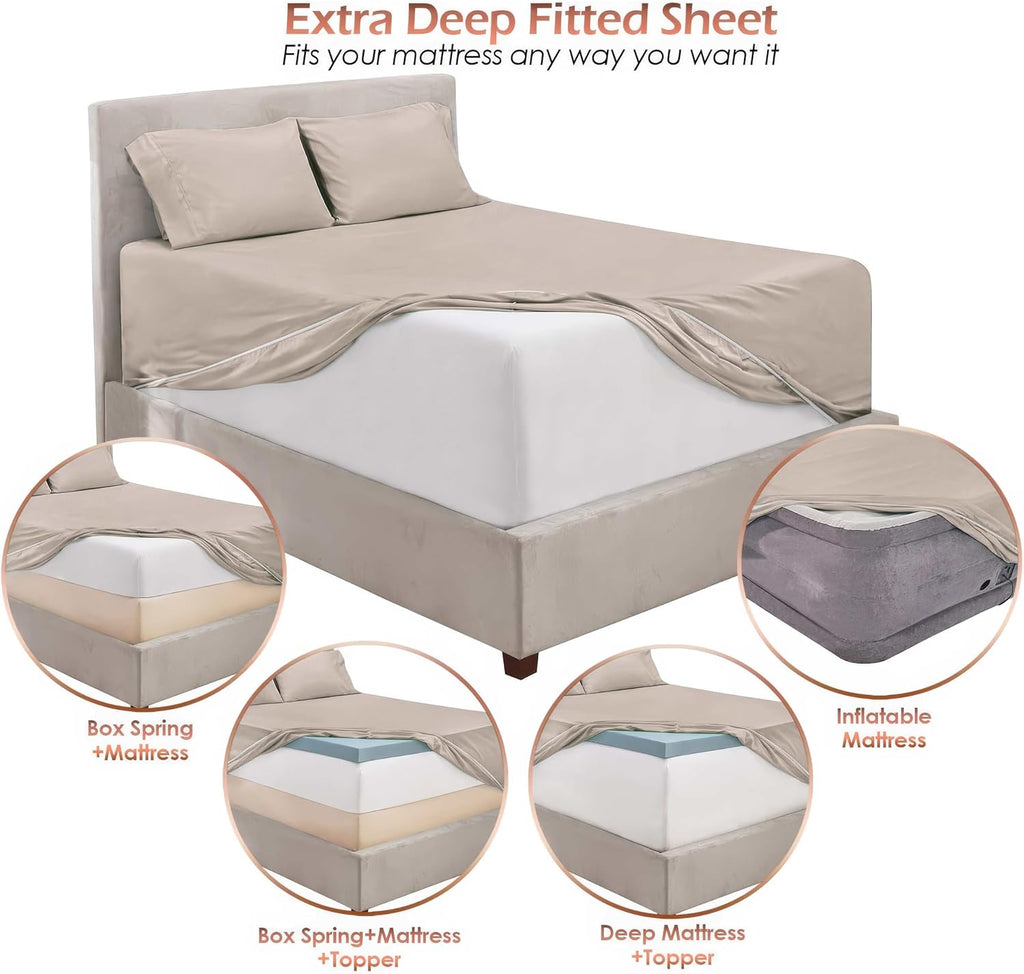 Extra Deep Pocket Sheet Sets, Luxury Soft 6 Piece Bed Sheet Set Fits Mattress 18-24 Inches - King, Linen