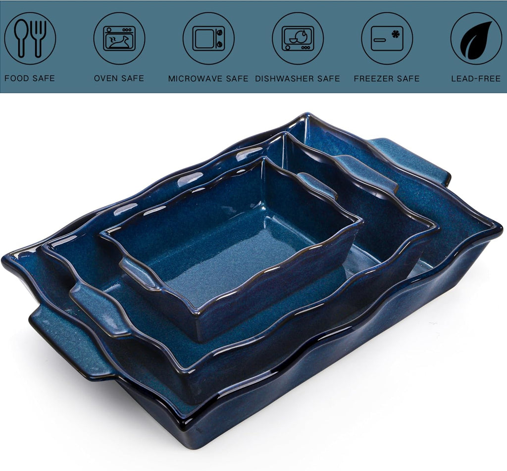 3 Pack Casserole Dishes for Oven, Ceramic Dishes with Handles, Heavy Duty Rectangular Lasagna Pan, Porcelain Bakeware