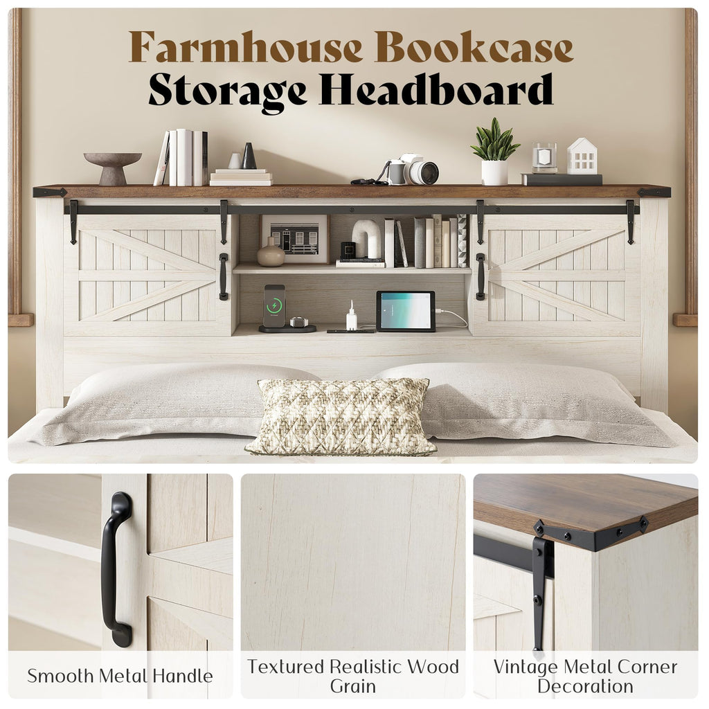 King Size Farmhouse Platform Bed Frame with Bookcase Storage Headboard, Built-in Power Outlet & USB Ports, Rustic