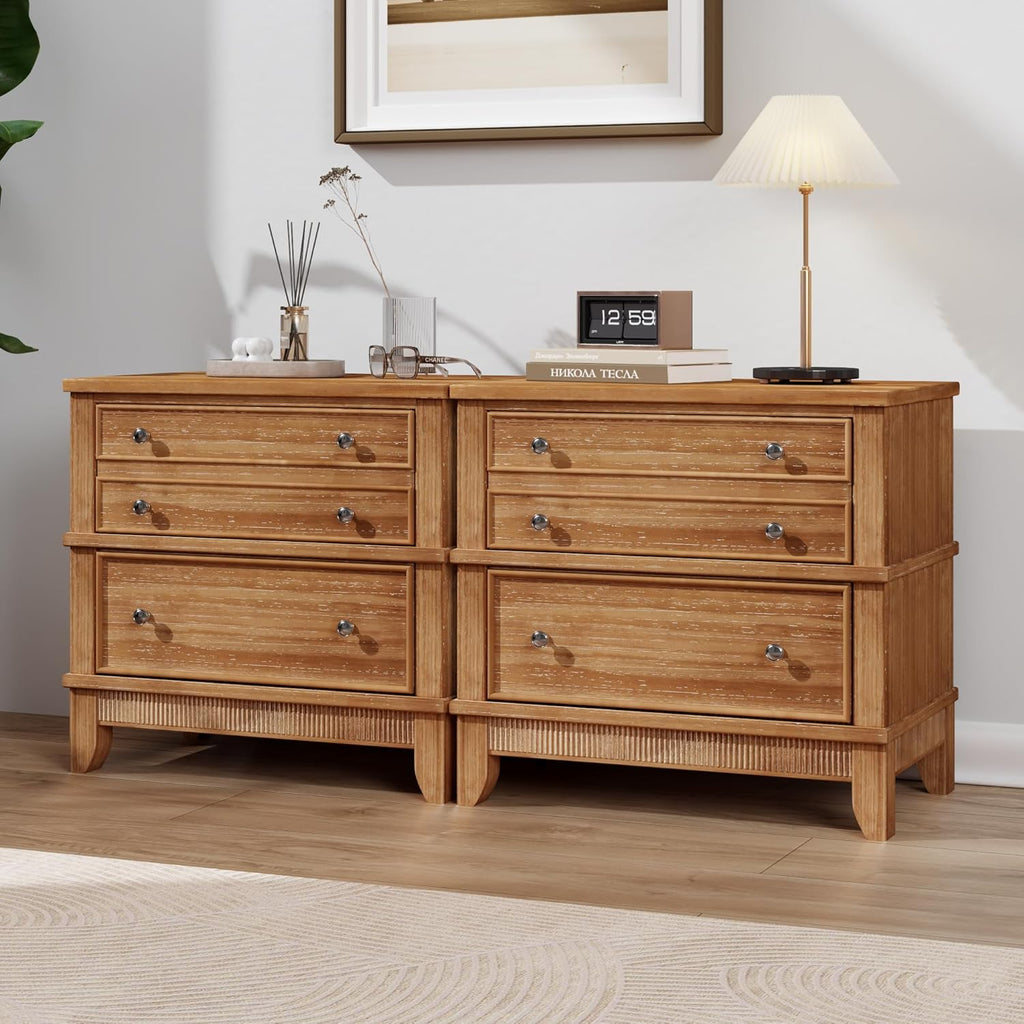 27.3 Inch Solid Wood Nightstand, Mid Century Modern Night Stand with Storage Tray & Drawers, Small Side End Table