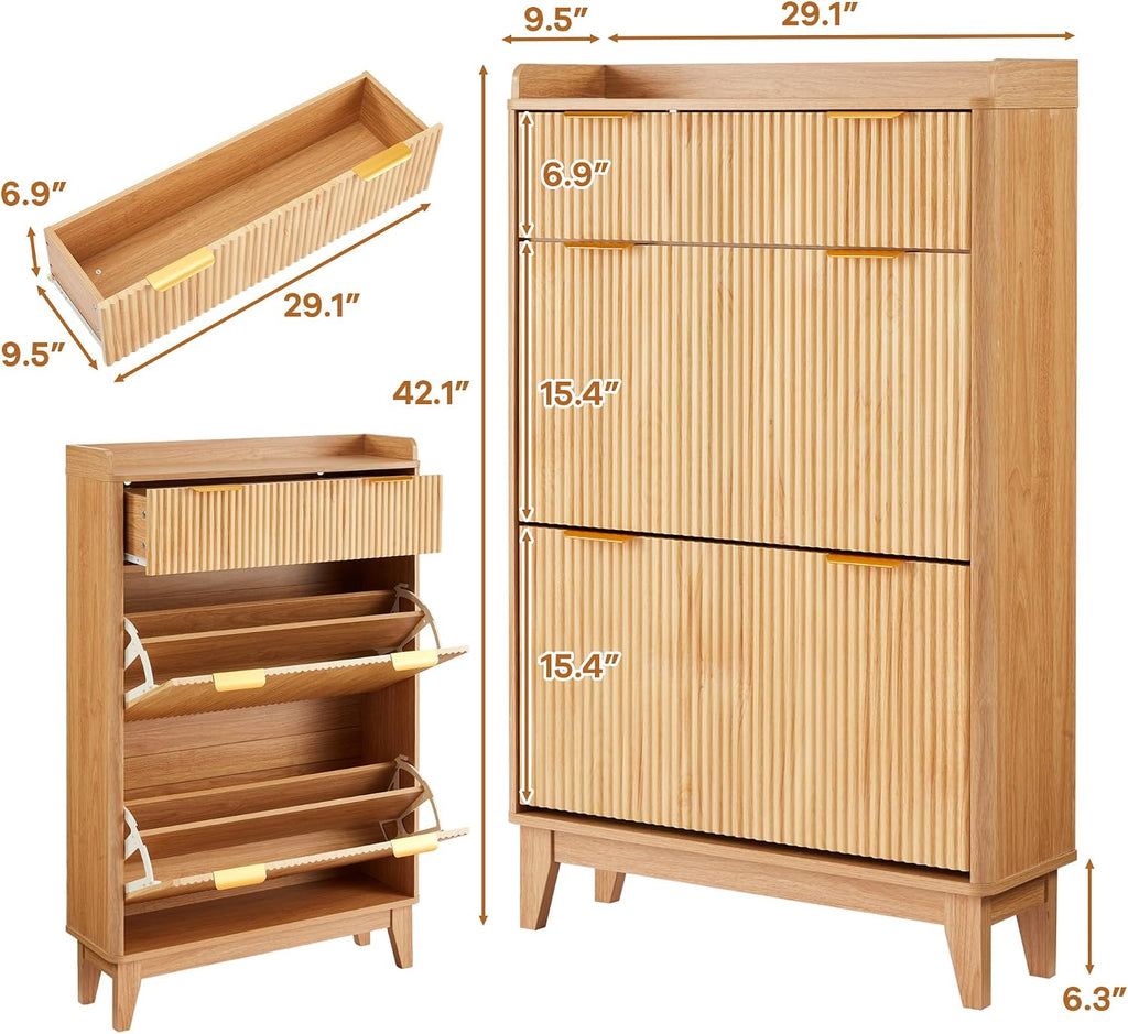 Wood Fluted Shoe Organizer - Slim Shoe Cabinet with 2 Flip Drawers & 1 Drawer, Narrow Shoe Cabinet with Adjustable
