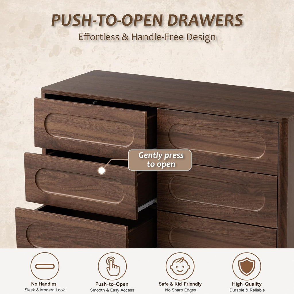 Modern 6 Drawer Dresser with Push-to-Open Drawers, Mid-Century Wide Bedside Table with Raised Base , Oval Groove