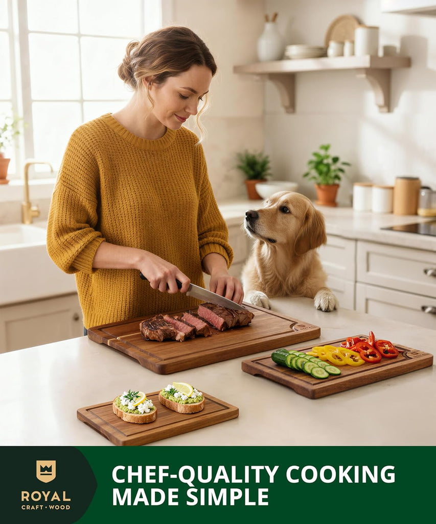 Wooden Cutting Boards Meal Prep & Serving - Bamboo Wood Serving Board Set with Deep Juice Groove Side Handles