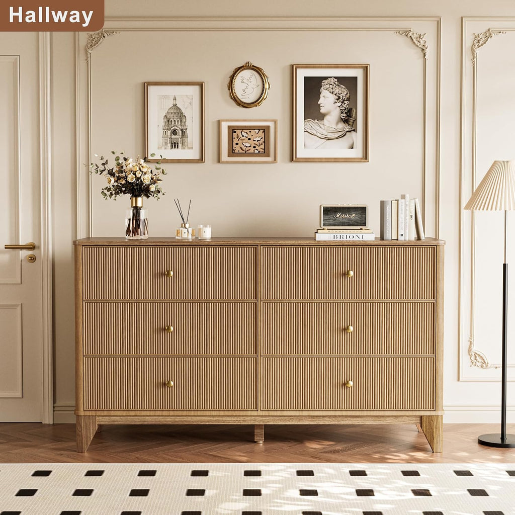 Fluted 6 Drawers Dresser, 54" Wide Modern Chest of Drawers with Round Corners, Wooden Dresser TV Stand, Wood Drawer