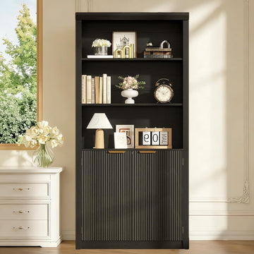 Modern Tall Book Shelf and Bookcase, 31.5"Wide Bookshelf with Doors, Farmhouse Book Case with Adjustable Top Shelf