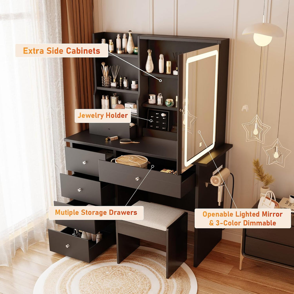 Vanity Desk with Mirror and LED Lights, Makeup Vanity Set with Power Outlet, and Stool,Jewelry Storage,Black Vanity