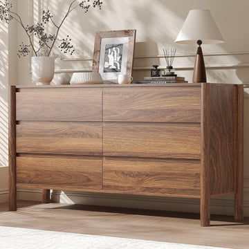 Walnut 6 Drawers Dresser , 47.2" Wide Mid Century Modern Chest of Drawers with 4 Solid Wood Cylindrical Legs and