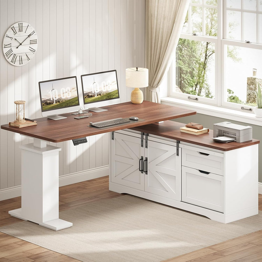 Farmhouse L Shaped Standing Desk, 55 inch Height Adjustable Corner Desk with Storage Drawers