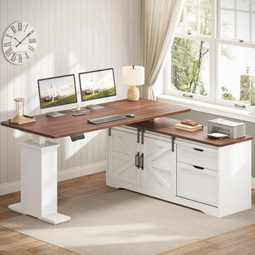 Farmhouse L Shaped Standing Desk, 55 inch Height Adjustable Corner Desk with Storage Drawers