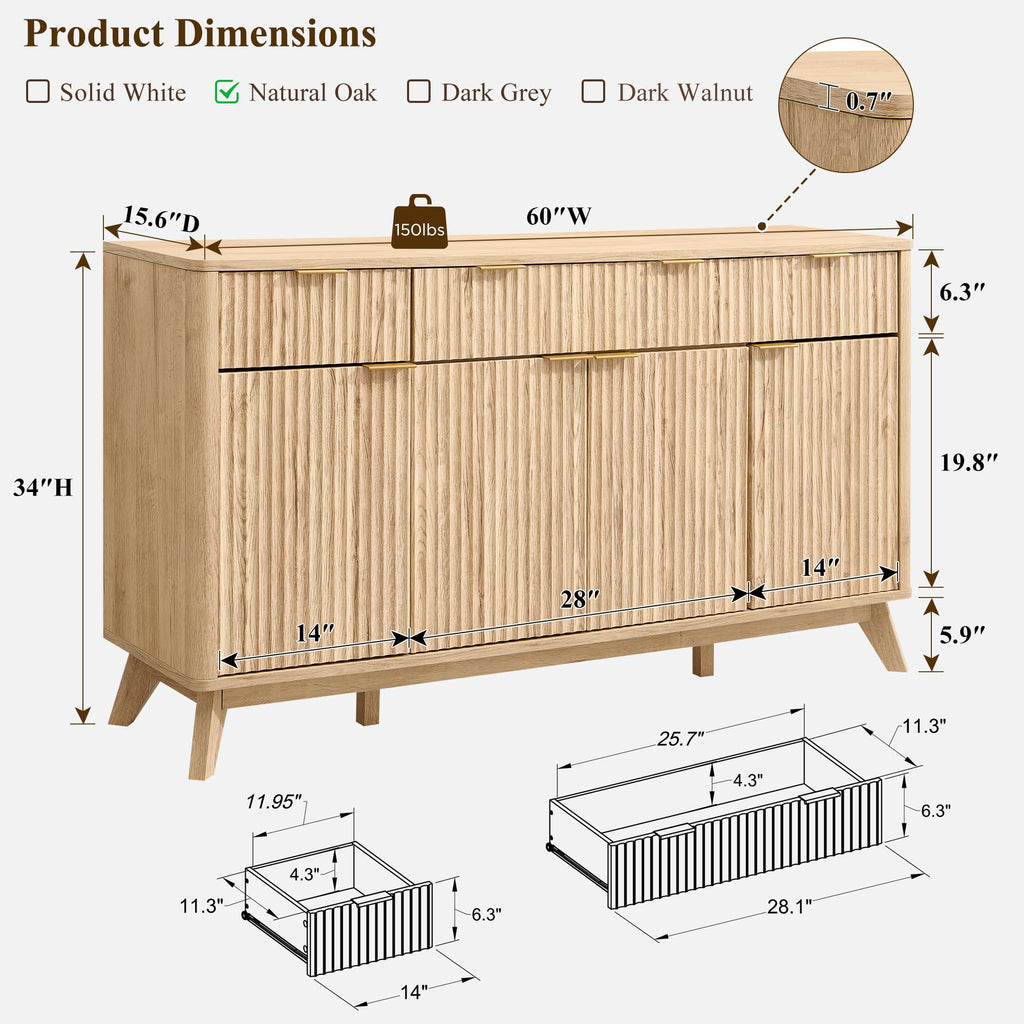 60 Inch Fluted Buffet Sideboard Cabinet, Natural Oak