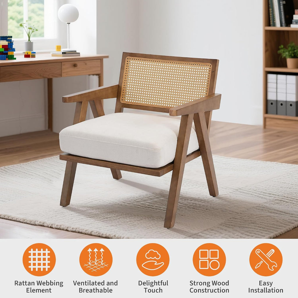 Mid Century Modern Accent Chair, Upholstered Reading Armchair with Wood Frame & Soft Linen Fabric, Accent Chair