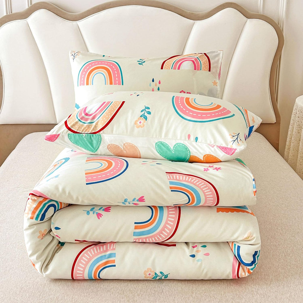 Lightweight Soft 3 Piece Rainbow Comforter Set with 2 Pillow Covers, Cartoon Love Hearts Flowers and Grass Bedding