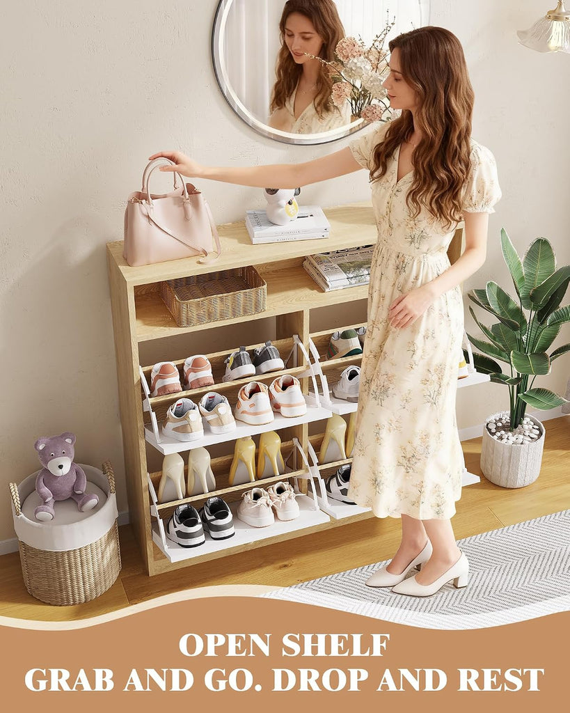 Narrow Shoe Cabinet with 4 Flip Drawers and Open Shelf, Freestanding Shoe Storage Cabinet , Compact Wooden Shoes